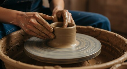 Close-up of a person's hands skillfully shaping a clay pot on a spinning pottery wheel, demonstrating the art of ceramics and craftsmanship.