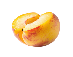 Close-up of a peach cut in half, showcasing its yellow flesh and reddish blush