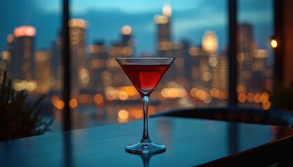 Elegant cosmopolitan cocktail in martini glass sits on bar table. Rooftop setting with glowing city lights creates urban nightlife vibe. Chic lounge atmosphere, upscale bar experience.