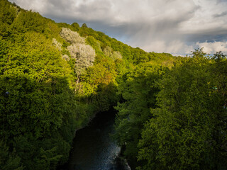 Aerial view of a river flowing gently through a dense forest with vibrant green trees, creating a peaceful and serene landscape, Vilnius, Vilnius, Lithuania.