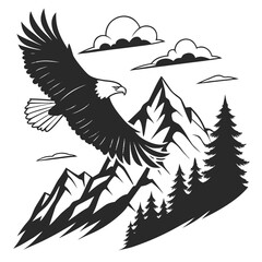 Vector art of monochrome illustration of an eagle flying over mountains and pine trees