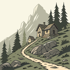 Fototapeta premium Vector art of mountain landscape with houses, trees, and a winding path, scenic view