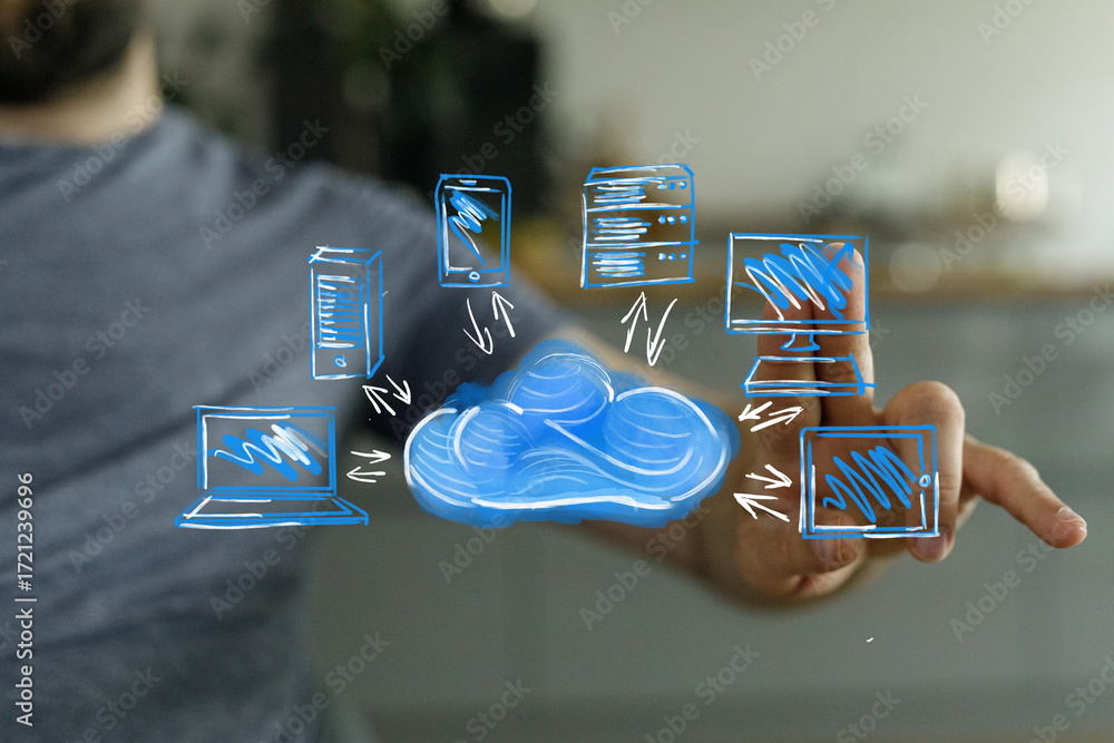 Poster person interacts with a cloud computing network. data transfer, connection, technology.