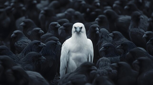 Photograph of a lone white seagull prominently featured amidst a dark crowd of black birds.