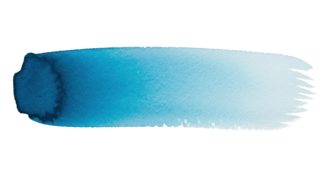A single wide horizontal watercolor brush stroke, deep teal blue to light blue gradient, soft feathered edges, translucent paint, paper texture on transparent background, serene artistry - Powered by Adobe