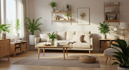 Fototapeta premium Bright living room with beige couch, plants, and wooden furniture.