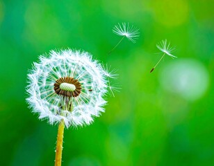 Dandelion seed head in the wind, blurred green background