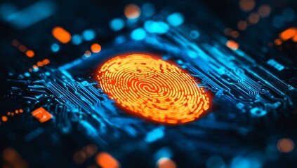 A close-up of an orange digital fingerprint glowing on top of a blue circuit board, symbolizing biometric security technology. The background is dark and blurred to emphasize the detailed focus