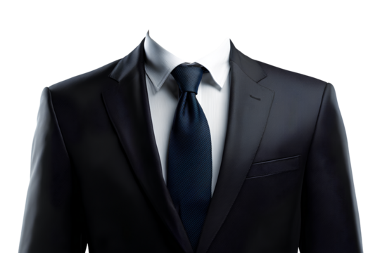  a business suit with no human head on a transparent background, png clipart illustration, cutout.