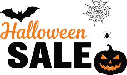 Spooky Halloween Sale with festive pumpkin, bat, and spiderweb