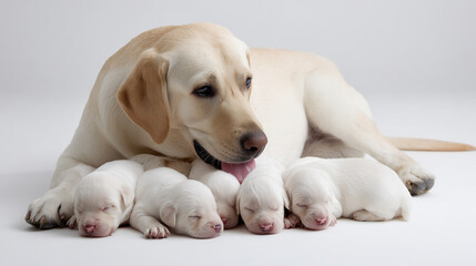 A Labrador mother dog lying on her side with several white puppies drinking breast milk, white background, wide angle shot, 45 degree side angle