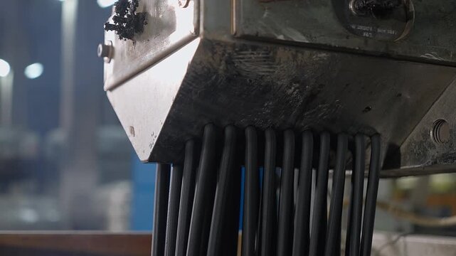 Automated equipment deals with the plastic extrusion process. Recycled Plastic Strand Material extrusion process. Process of the long black plastic string extrusion at the factory. Production.
