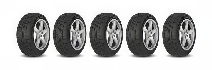 Five car tires isolated on white background, perfect for showcasing automotive products or services