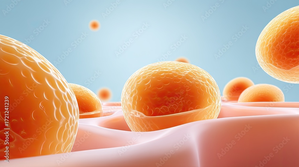 Poster close-up view of abstract biological cells with orange texture floating in soft fluid background
