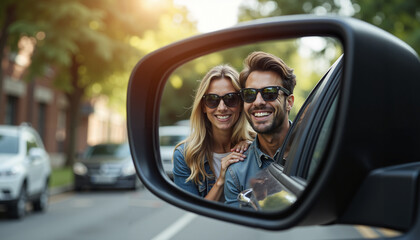 Young couple smiling and posing for a selfie in car mirror