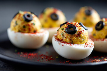 Black plate with creepy eyeball deviled eggs made from olives and paprika, Halloween appetizer, 