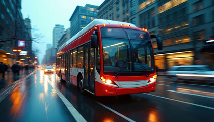 Obraz premium Red bus in motion on wet street during rainy evening rush hour. City traffic, urban transportation, blurred lights. Public transport travel in storm weather. Scene of commuter journey.