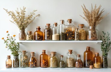 Collection of dried herbs, plants in glass jars on white shelf. Variety of botanicals stored in apothecary-style containers, natural ingredients for herbal tea, wellness, decor. Rustic arrangement