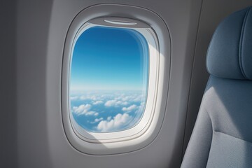Airplane window frames a serene aerial perspective of a vibrant blue sky with fluffy white clouds, inviting peaceful travel and inspiring adventure
