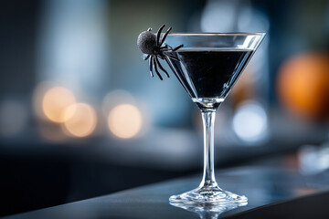 Black martini Halloween cocktail with spider decoration, elegant moody bar light, 