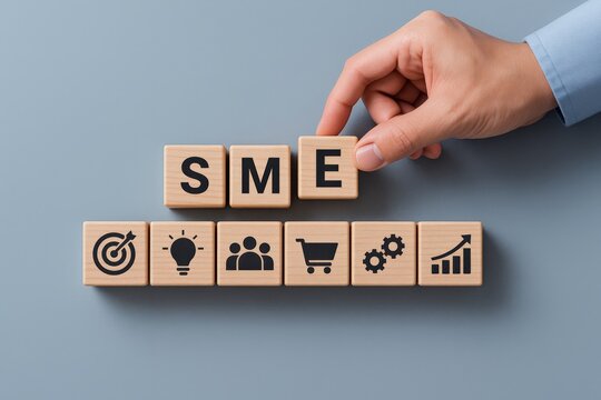Business professional hand completes SME acronym using wooden blocks, representing crucial strategic elements for small and medium enterprise development on a minimalist blue backdrop