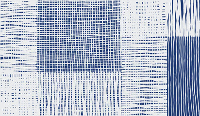 Hand drawn brush lines abstract woven texture pattern in white and blue, Japanese and ethnic wood carving, block print background, simple graphic for textile, decoration © Dear Reader