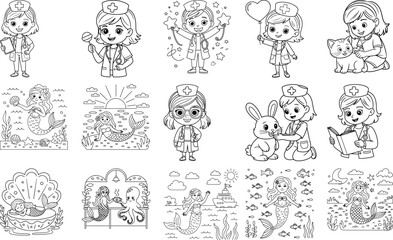 Charming whimsical childrens illustration featuring a nurse and mermaid engaged in playful medical activities isolated on white background