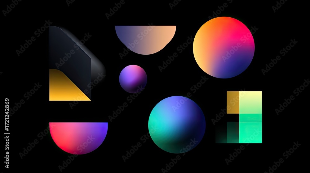 Poster colorful abstract shapes and forms on black background with gradient finish and soft reflections for