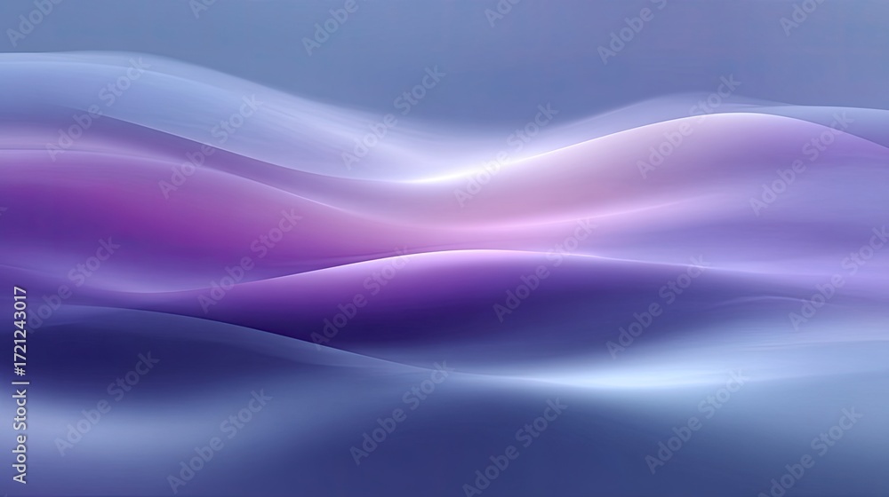 Poster serene abstract waves in soft purple and blue hues with smooth gradients and gentle flowing patterns