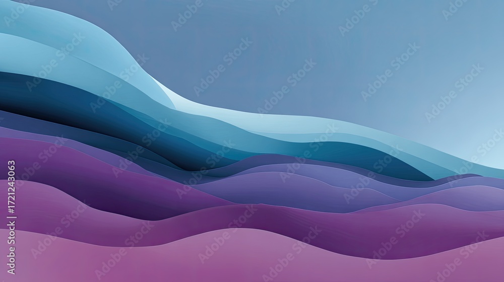 Poster abstract layers of waves in soft blue and purple tones with gentle gradients in a minimalist landsca