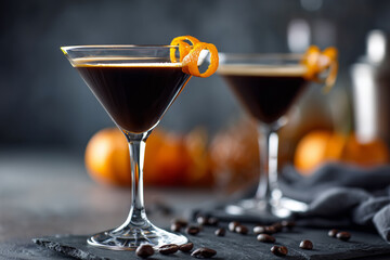 Dark chocolate espresso martini Halloween style with orange peel, elegant dramatic setup,