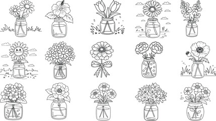 Fototapeta premium An assortment of beautiful flowers arranged in various glass jars and vases suitable for coloring and decorative purposes isolated on white background