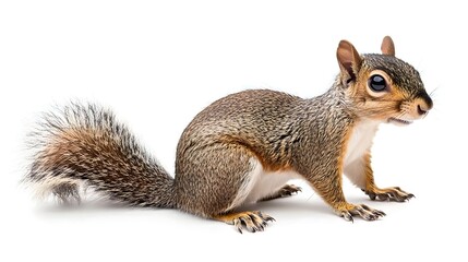 Obraz premium Photograph of a gray squirrel sitting on a white background, displaying its bushy tail and small paws.