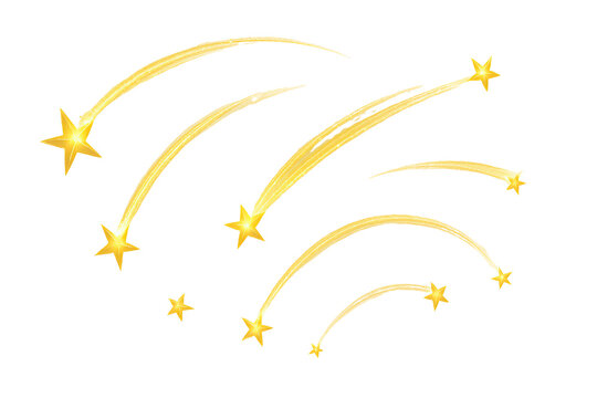Golden shooting stars with glowing trails in night sky, celestial falling starburst light elements decorative clipart isolated on white background