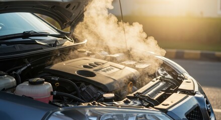 Overheated Car Engine with Steam Rising – Vehicle Breakdown and Auto Repair Concept 
