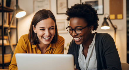 Two colleagues sharing a moment of laughter, collaborating on a project using a laptop