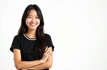 Fototapeta premium Young Asian woman smiles at camera with folded arms. Attractive female with long dark hair and casual wear. Isolated on white background. Positive emotion, happiness, confidence. Studio portrait.