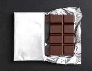Dark chocolate bar in foil wrapper