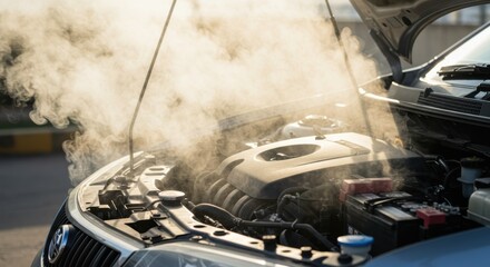 Overheated Car Engine with Steam Rising – Vehicle Breakdown and Auto Repair Concept 