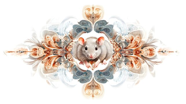 Digital illustration of a gray rat surrounded by ornate, swirling floral patterns in brown and teal. - Powered by Adobe