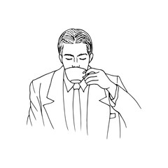 Portrait of a man drinking coffee, portrait of a businessman from the front with a cup - Hand-drawn line art drawing. Concept: breakfast, coffee break