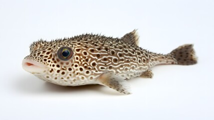 Photograph of a pufferfish with prominent spines and unique speckled markings against a white background.