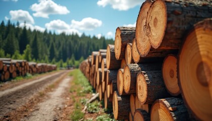 Rows of felled trees piled along dirt road indicate timber harvesting. Forest in background shows signs of deforestation. Scene relates to logging operations, wood industry, environmental concerns.