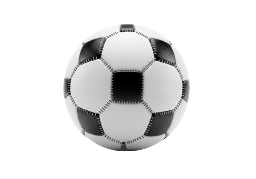 Classic black and white soccer ball, hexagonal panels, synthetic leather, isolated on transparent seamless studio background, soft shadow, studio photography, concept for sport advertising
