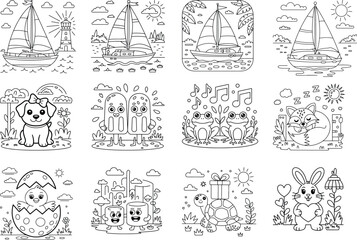 Charming collection of cute animals and nautical scenes featuring a lighthouse and ice cream cones for coloring pages isolated on white background