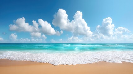 Obraz premium Serene Tropical Beach with Gentle Waves and Fluffy White Clouds Under a Bright Blue Sky