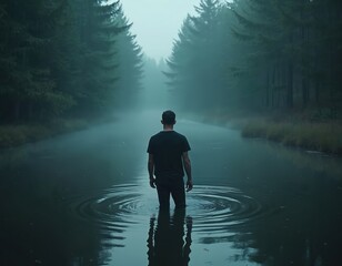 Man stands in dark river surrounded by spooky forest. Eerie mist covers water. Overwhelmed, lonely, confused emotions conveyed. Nature, night, water, boy, spirit, ghost, horror themes.