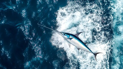 Obraz premium Photograph of a marlin leaping from the ocean, surrounded by turbulent water.