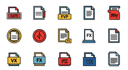 A vibrant collection of document and data file type icons for web and graphic design projects