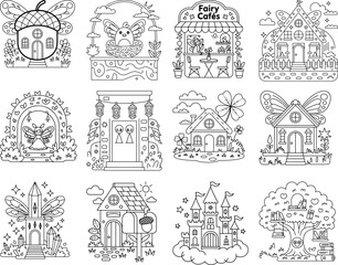 Obraz premium Enchanting fairy tale scenes and magical buildings for coloring fairies cartoon isolated on white background